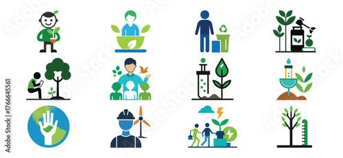 Collection of flat design icons representing environmental conservation and sustainable living concepts