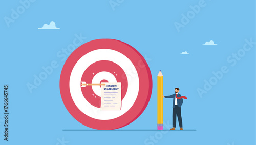 Businessman with pencil writing mission statement. Writing company mission statement, strategy or value to achieve business goal, mission, vision and value, motivation or purpose, objective.