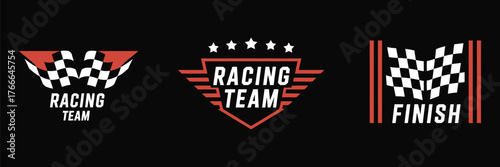 Vector set of car decoration variations, racing flag design, sticker and graphic decal elements, vinyl automotive decoration, motorsport and race car design illustration