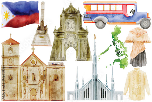 Watercolor Philippine Clip Art Set Culture Travel Flag Map Jeepney Barong Tagalog Baro't Saya Manila Cathedral Iglesia ni Cristo Rizal Monument Fort Santiago