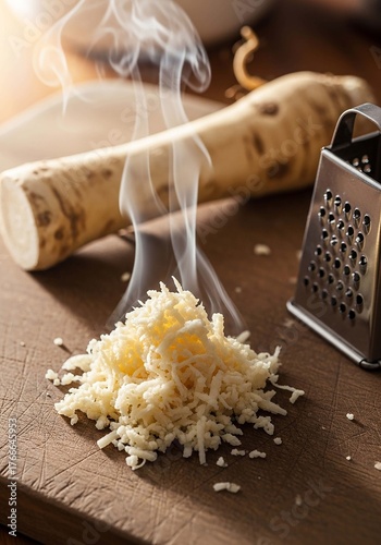Freshly Grated Horseradish Root on Cutting Board with Smoke | Culinary Ingredient for Cooking Recipes, Condiments, and Flavor Enhancements