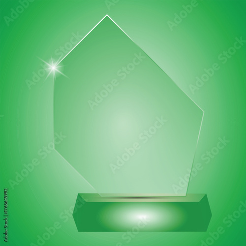 trophy,glass,angular 3d realistic transparent clear glass angular shape trophy award or prize on a green stand