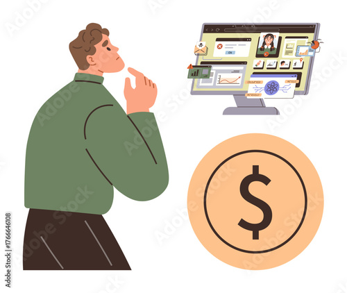 Man thinking while assessing data on computer screen with graphs and icons, considering a dollar symbol below. Ideal for financial analysis, strategy, business planning, economy, marketing