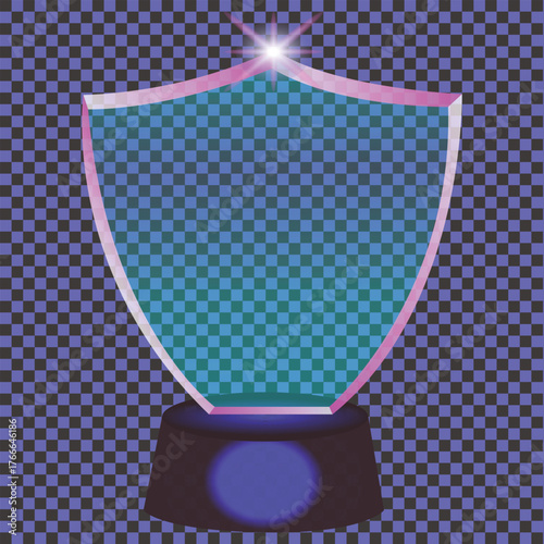 A glowing shield shaped trophy with a pink border on a checkered background with a bright light on top