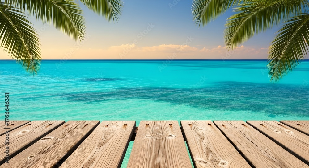 Fototapeta premium Parte superior de una mesa de madera con paisaje marino y hojas de palma, luz bokeh borrosa del mar en calma y el cielo en el fondo de la playa tropical.