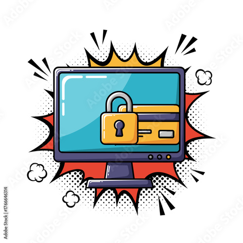 Digital security concept with locked credit card on computer screen  