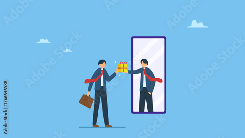Businessman get reward from himself in the mirror for self motivate. Reward yourself when success or achieve personal goal to increase motivation and inspiration, celebrate victory or winning.
