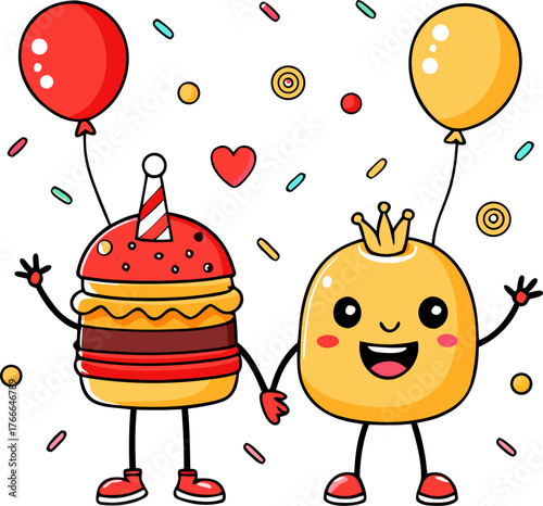  Cute fast food characters celebrating National Fast Food Day with confetti and balloons, vector art silhouette  vector black , white background 