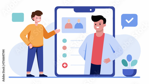 A young man discussing his symptoms with a practitioner through a mobile app interface featuring interactive chat and video options.