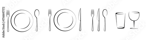 Elegant line art tableware and dining utensils set isolated on transparent background