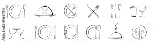 Elegant line art tableware and dining utensils set isolated on transparent background