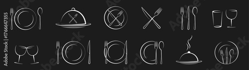 Elegant line art tableware and dining utensils set isolated