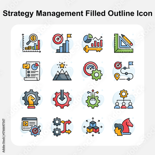 Success, teamwork, and achievement strategy Filled Outline icons set 2