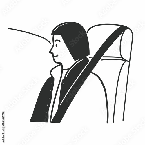Person sitting in car with seatbelt fastened, smiling and relaxed  