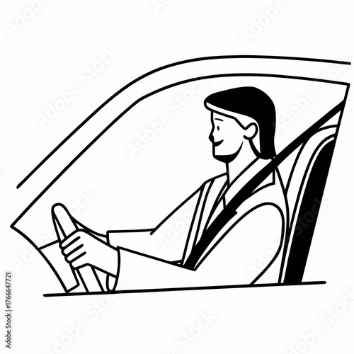 Man driving car with seatbelt in black and white illustration  