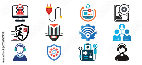 Collection of modern flat icons representing cybersecurity data protection and it support services