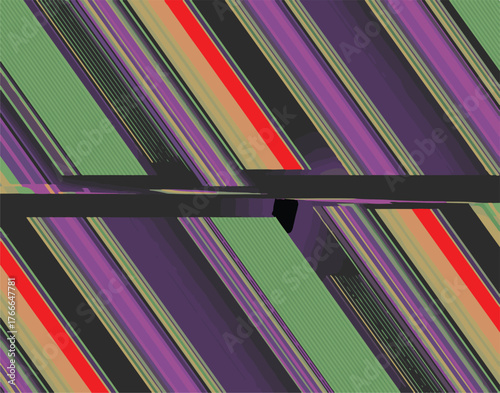 Diagonal stripes in green purple and red with dark intersecting lines pattern background