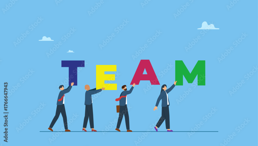 Fototapeta premium Business team people walking together holding the word TEAM. Team working together to win business success, teamwork, cooperation or collaboration, coworker partnership or office colleagues.