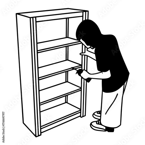 Person assembling a wooden bookshelf with tools in minimal style  