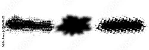 Glitch halftone line element set. Dotted texture geometric form collection. Grunge jagged comic pop art shapes for banner, poster, collage, overlay, label, box, blot. Distressed vector bundle