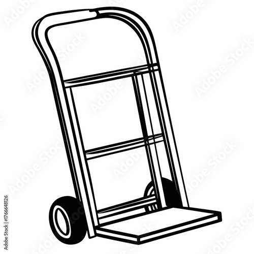 Hand truck with wheels for moving boxes in black outline style  
