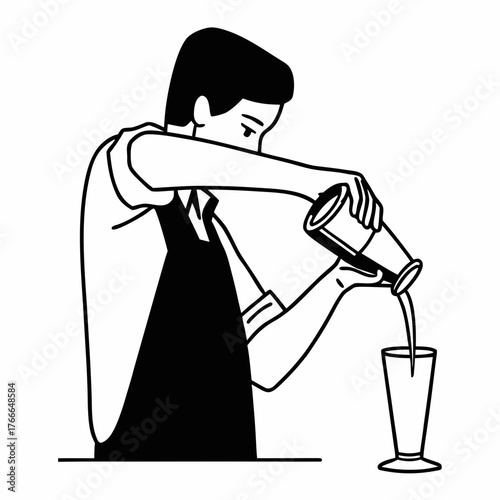 Bartender pouring beverage into glass in black and white illustration  