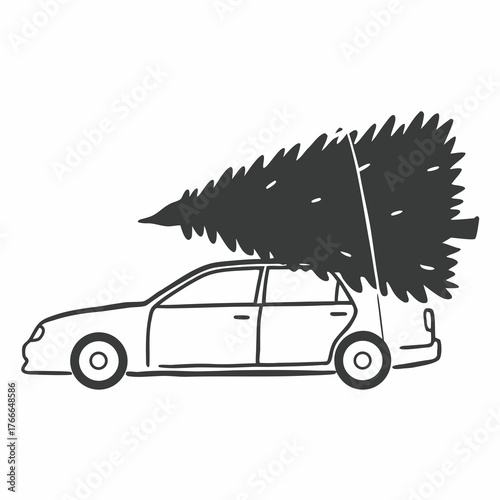 Car transporting Christmas tree on roof for holiday celebration  