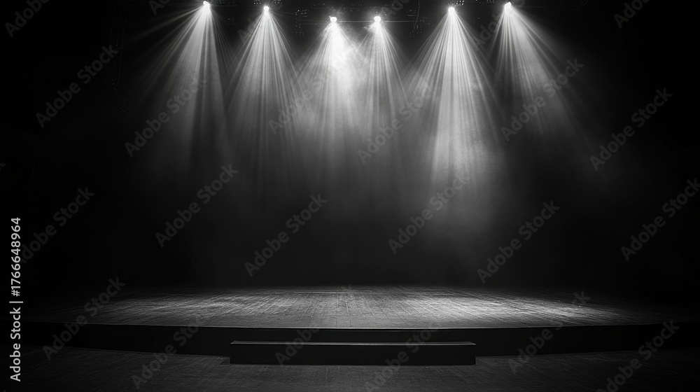 Obraz premium A dimly lit stage with dramatic lighting, creating an atmosphere of anticipation and readiness for a performance.