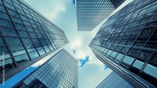 Low angle view of modern glass skyscrapers looking up at the sky