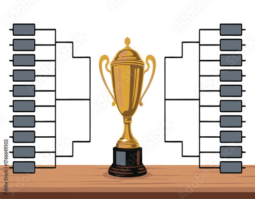 Golden Trophy and Tournament Bracket on Wooden Surface Keywords: trophy, golden, award, competition, tournament