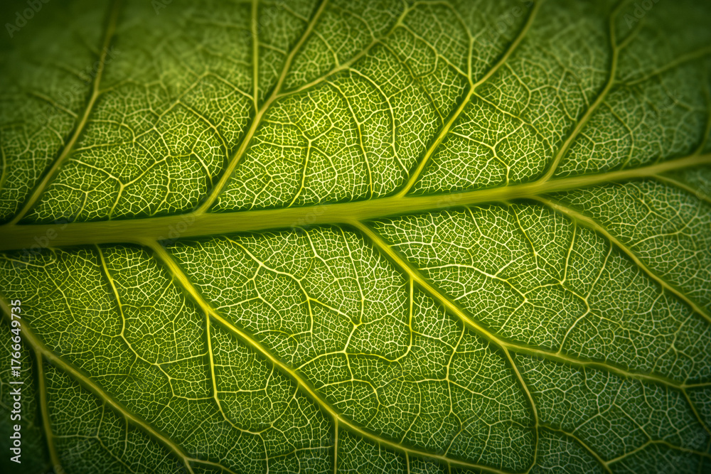 Fototapeta premium Vibrant green leaf veins illuminated by golden light, showcasing intricate natural patterns and organic textures, perfect for science and nature concepts.