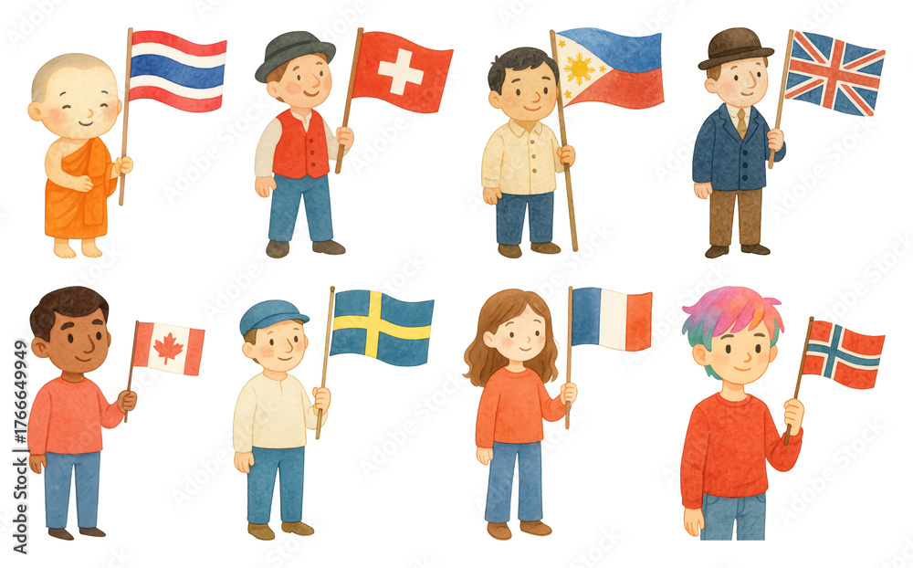 Fototapeta premium Diverse children holding flags