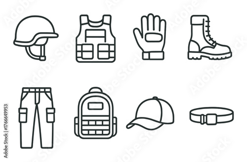Essential military gear icons: helmet, vest, gloves, boots, pants, backpack, cap, belt