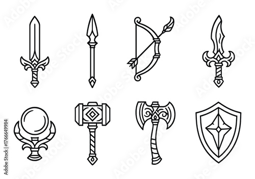 Set of fantasy weapon icons: sword, spear, bow, axe, shield, hammer, dagger, orb on dark background