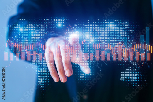 Digital financial data visualization with human interaction showcasing technology and analytics in a business setting