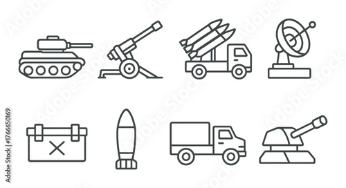 Monochrome military icons including tank, artillery, missiles, radar, and ammunitions