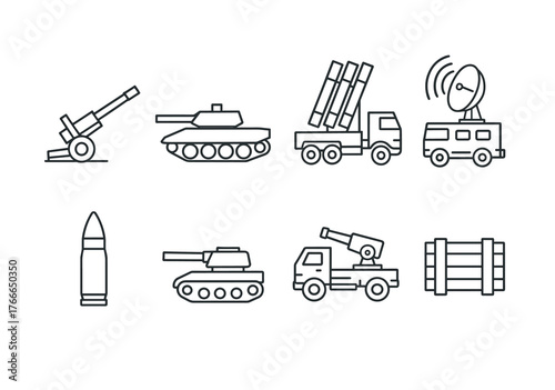 Military vehicles and artillery icons: tank, missile launcher, radar, and ammunition