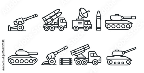 Military vehicle line icons: tank, missile launcher, artillery, radar, bullet