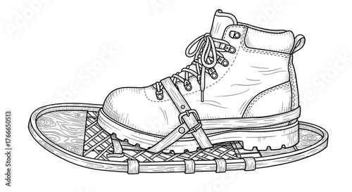 Hiking boot on snowshoe in black and white vintage sketch style