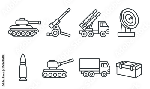 Military icons set: tank, artillery, missile launcher, satellite dish, ammunition, cargo truck, crate