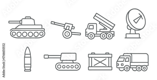 Outlined military icons: tank, missile, radar, and artillery silhouettes on grayscale background