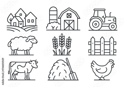 Monochrome farm icons illustrating barn, tractor, sheep, cow, fence, chicken, wheat, and haystack