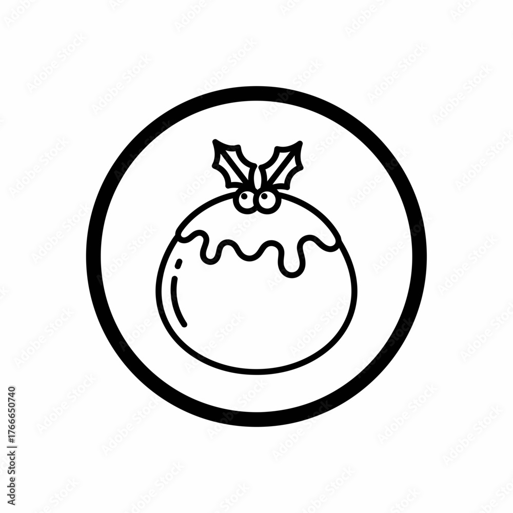 Obraz premium Illustration of a christmas pudding with holly on top inside a thick black circle on a white background