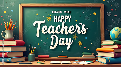 Creative World Teachers’ Day design with chalkboard, books, and school supplies in festive composition.
