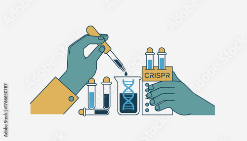 Scientist hand holding a dropper, adding liquid to a beaker with dna, while another hand holds a rack of test tubes labeled crispr, representing advanced genetic modification research