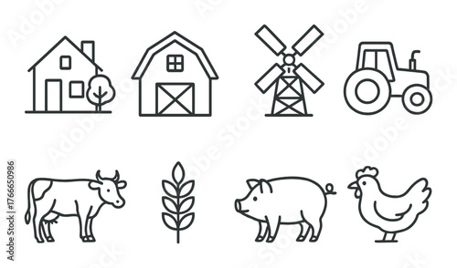 Farm icon set featuring barn, windmill, tractor, and farm animals on dark background