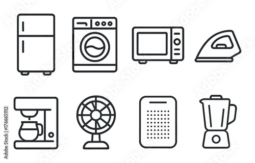 Set of household appliances icons featuring fridge, washer, microwave, and more