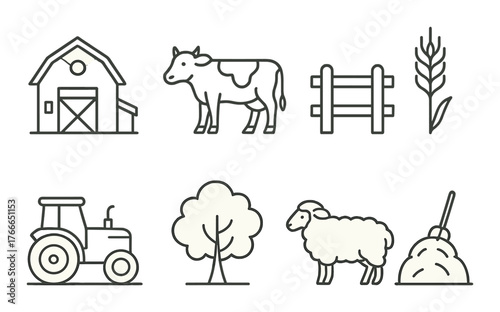 Farm icons set: barn, cow, fence, wheat, tractor, tree, sheep, hay