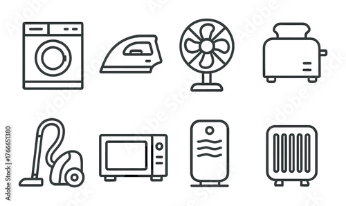 Outlined household appliances: washer, iron, fan, toaster, vacuum, microwave, heater