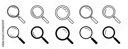 Magnifying glass icon set. Magnifier and loupe symbol. Search or discovery logo. Vector illustration.